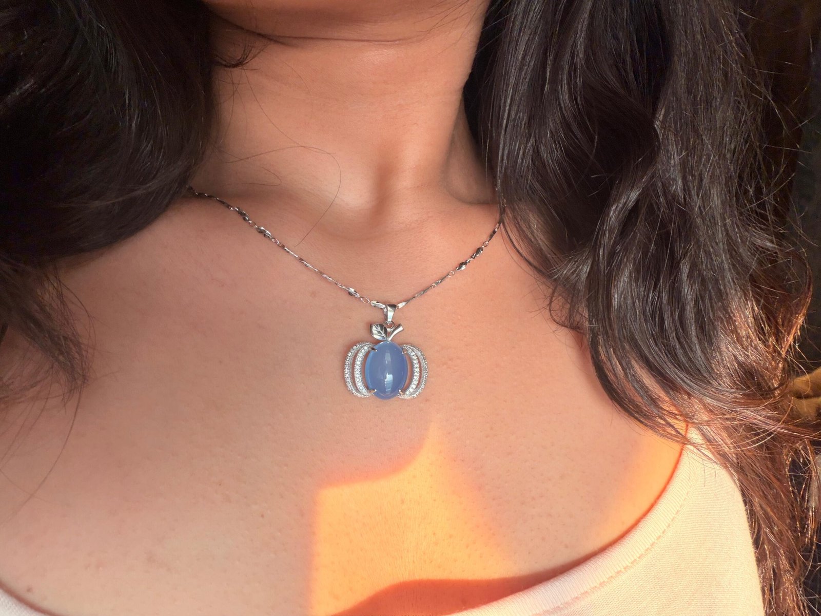 Sterling Silver Enchanted Pumpkin Pendant - Blue Agate Glow - Image 2